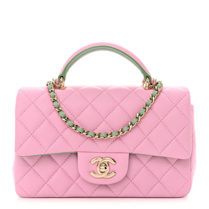Chanel Lambskin Quilted Mini Top Handle Rectangular Flap Pink Green Pink Green 1 of 10