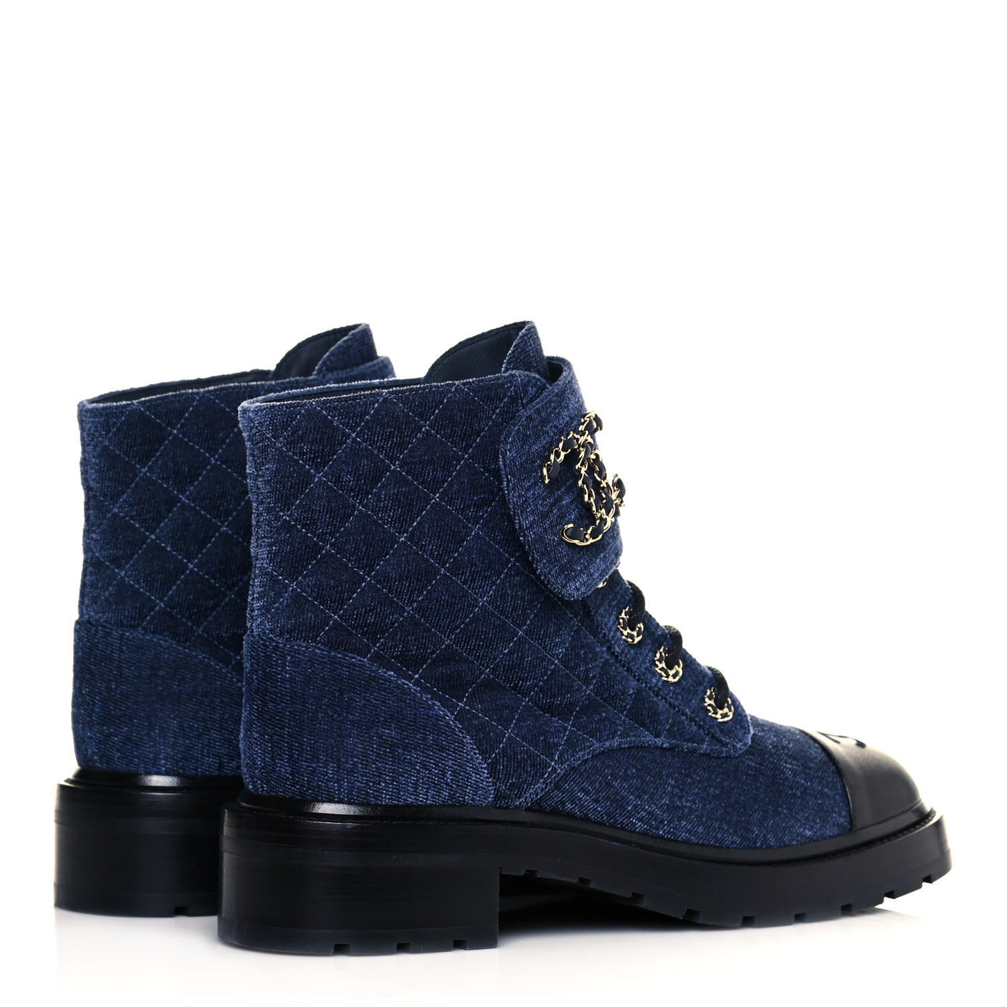 Shiny Calfskin Velvet Quilted Lace Up Combat Boots 41 Blue Black
