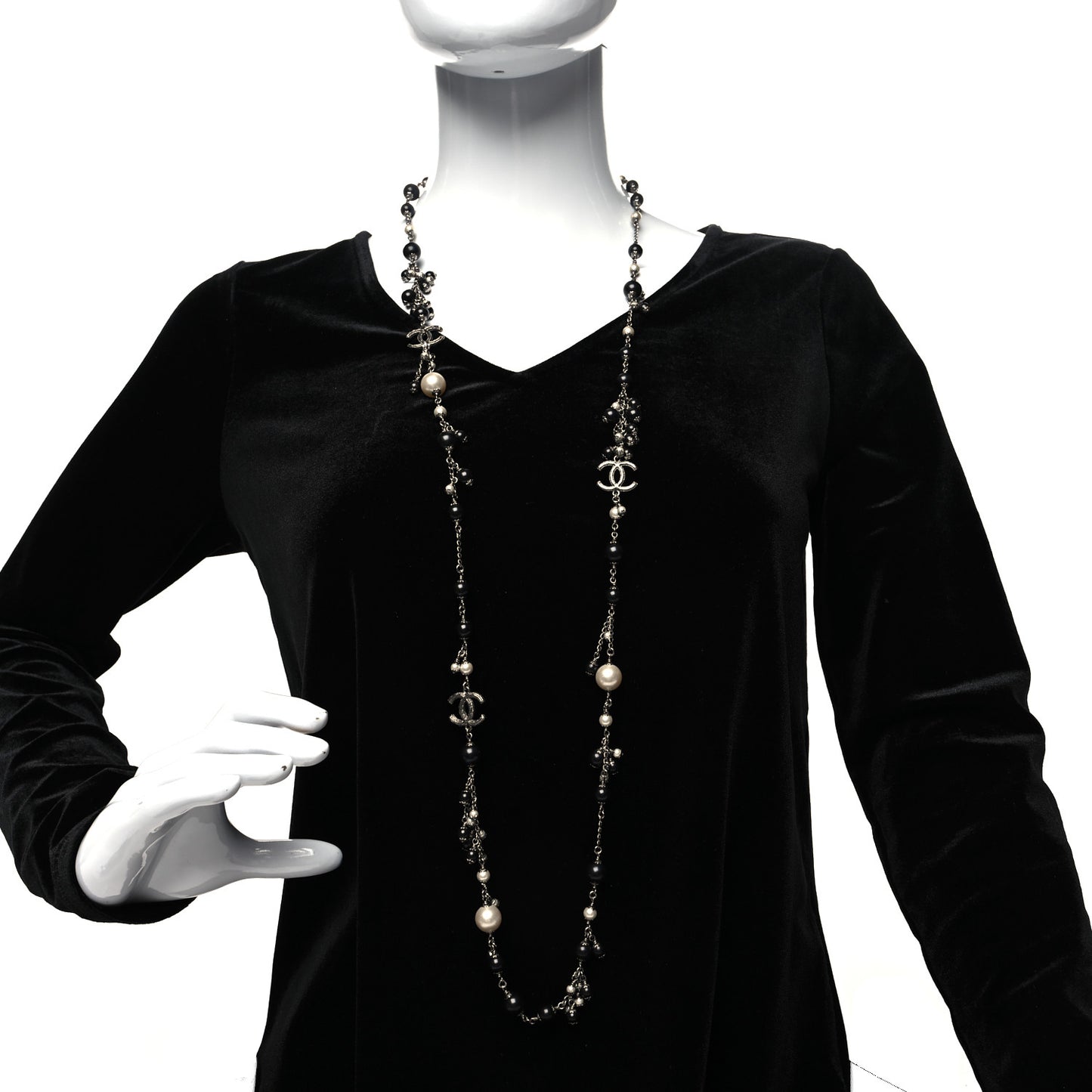 Ruthenium Pearl Beaded CC Long Necklace Black