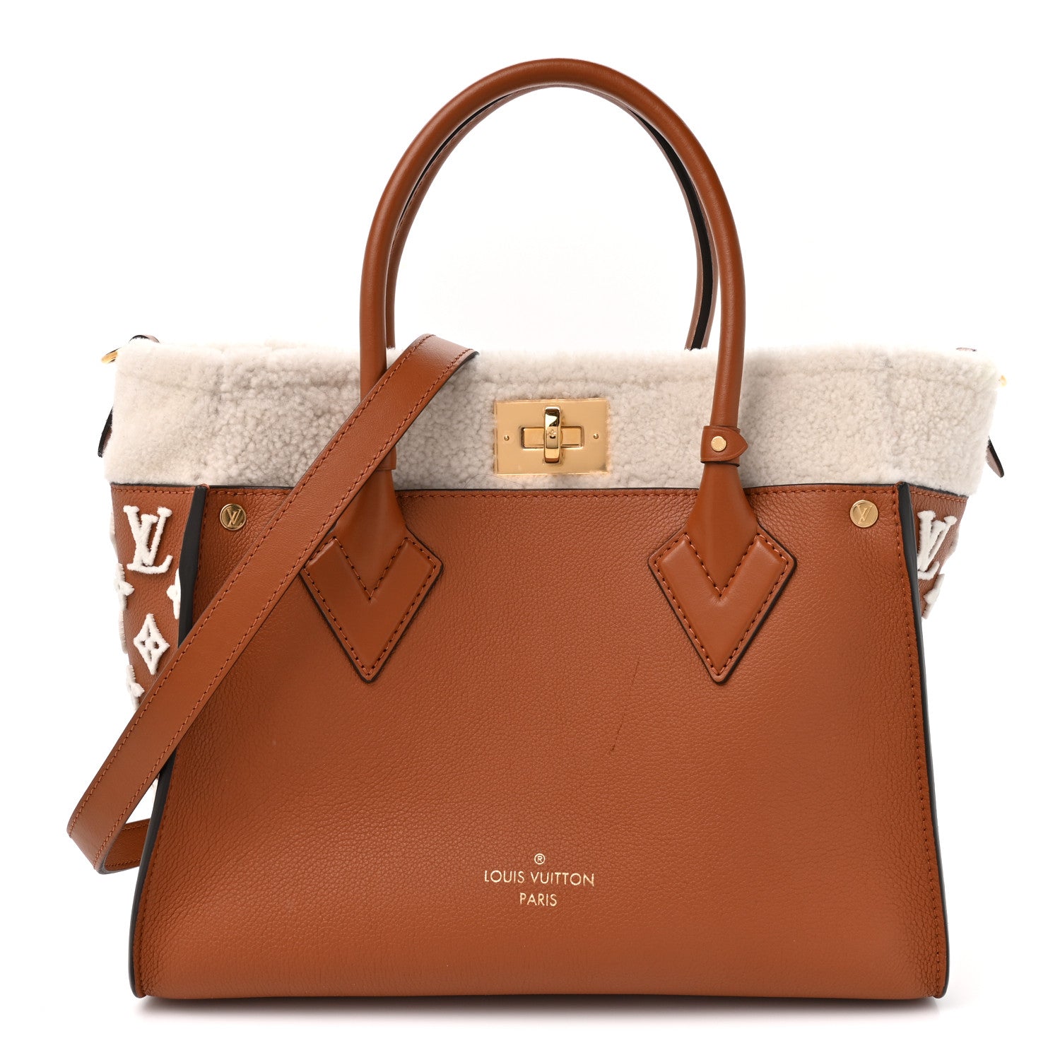 Louis Vuitton Grained Calfskin Shearling On My Side MM Caramel 1 of 8