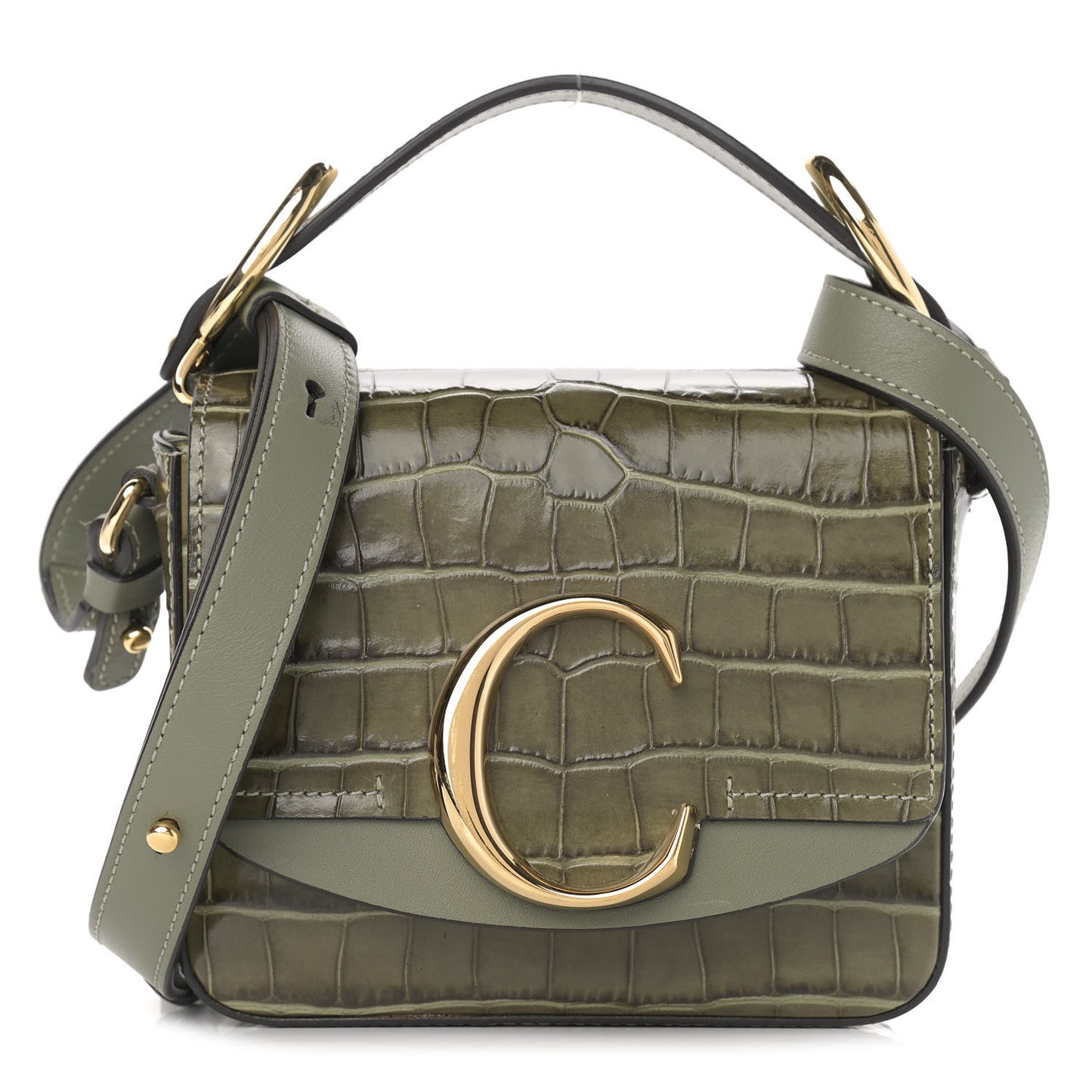 Calfskin Crocodile Embossed Mini C Double Carry Misty Forest
