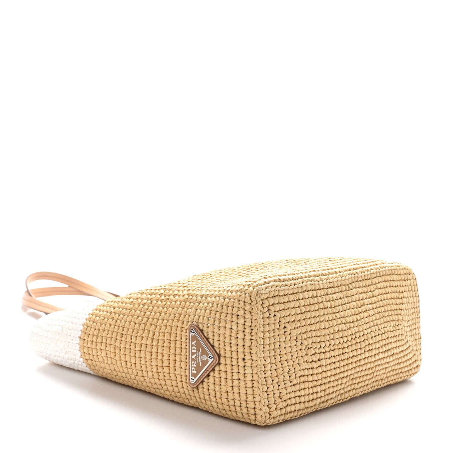 Prada Yarn Raffia Effect Crochet Vitello Logo Shopping Tote Naturale White 4 of 9
