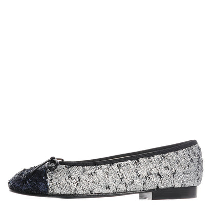 Chanel Tweed Sequin Cap Toe Ballerina Flats 35 Black Blue 1 of 7