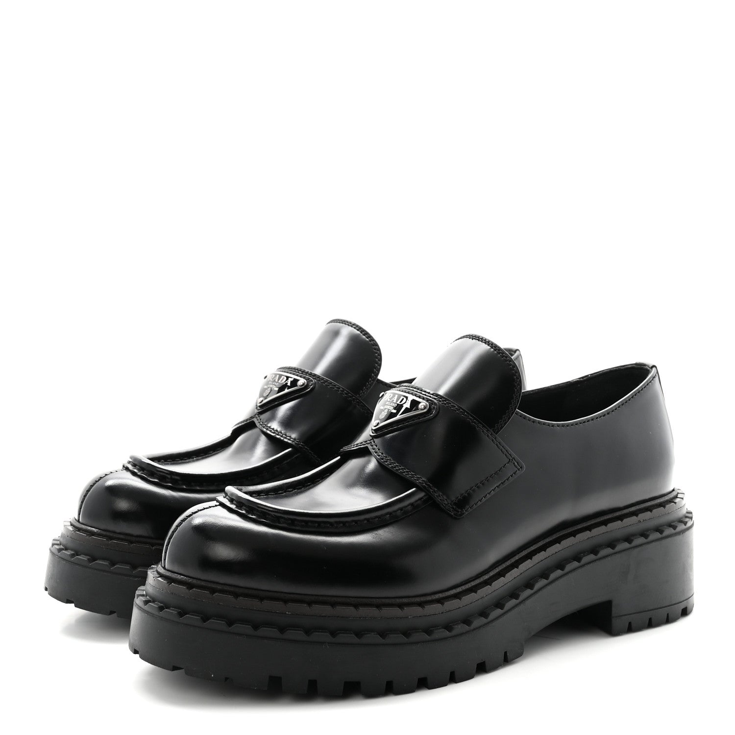 Prada Metal Triangle Logo Double Chocolate Loafers 38 Black 4 of 9