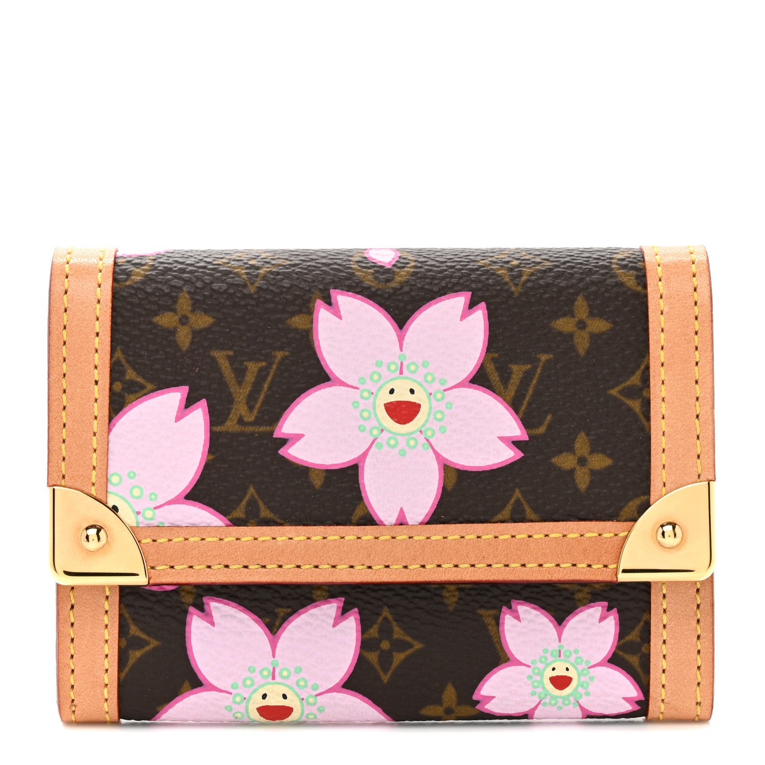 Louis Vuitton Monogram Cherry Blossom Porte-Monnaie Plat Coin Purse Brown 1 of 8