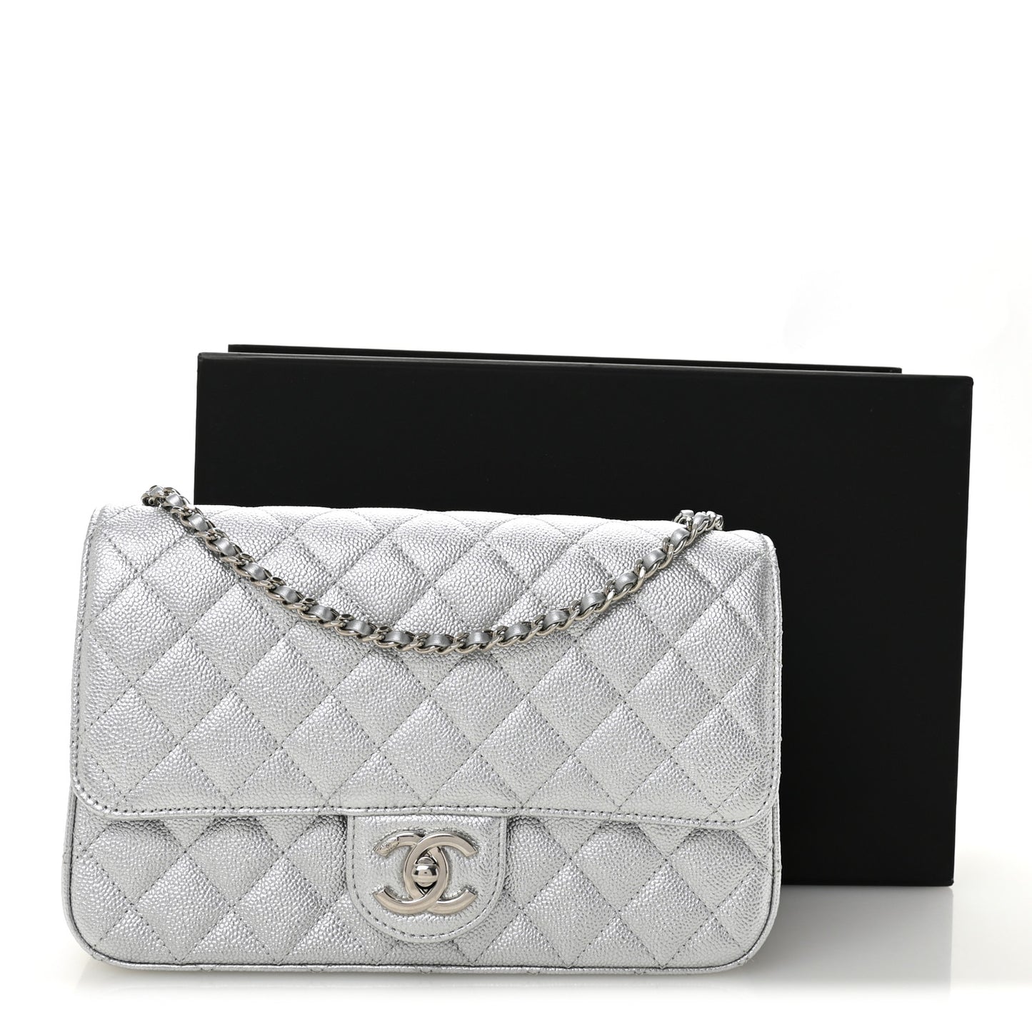 Metallic Caviar Quilted Medium CC Slide Flap Silver Silver