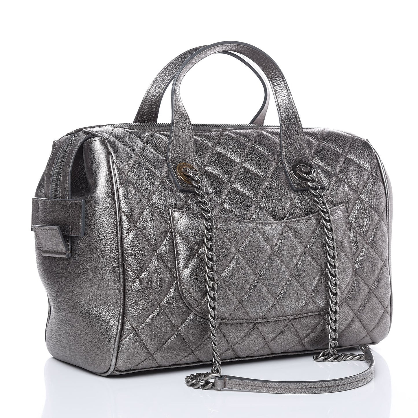 Metallic Grained Calfskin Quilted Large Casual Pocket Bowling Bag Silver