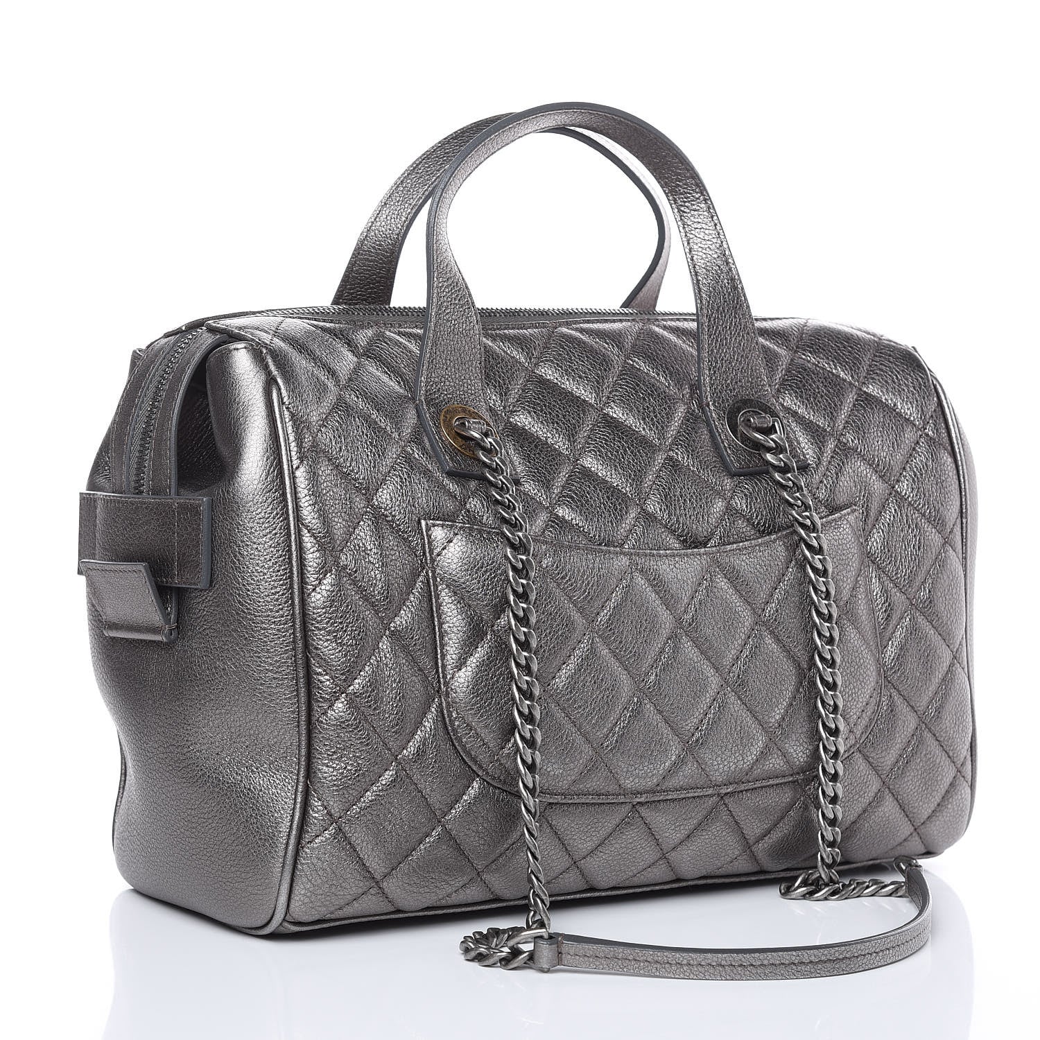 Chanel Metallic Grained Calfskin Quilted Large Casual Pocket Bowling Bag Silver 3 of 12