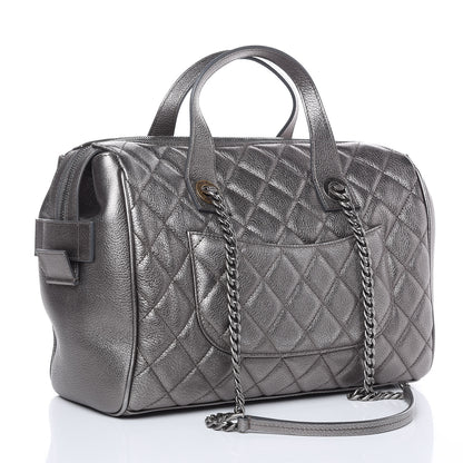 Chanel Metallic Grained Calfskin Quilted Large Casual Pocket Bowling Bag Silver 3 of 12