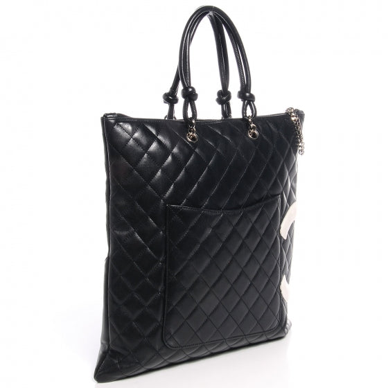 Calfskin Quilted Cambon Flat Tote Black White