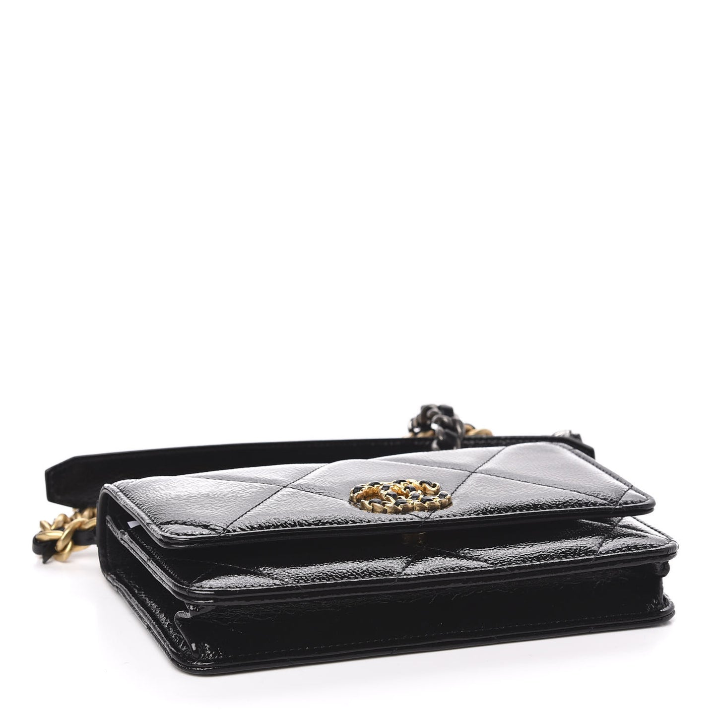 Shiny Crumpled Calfskin Quilted 19 Wallet On Chain WOC Black