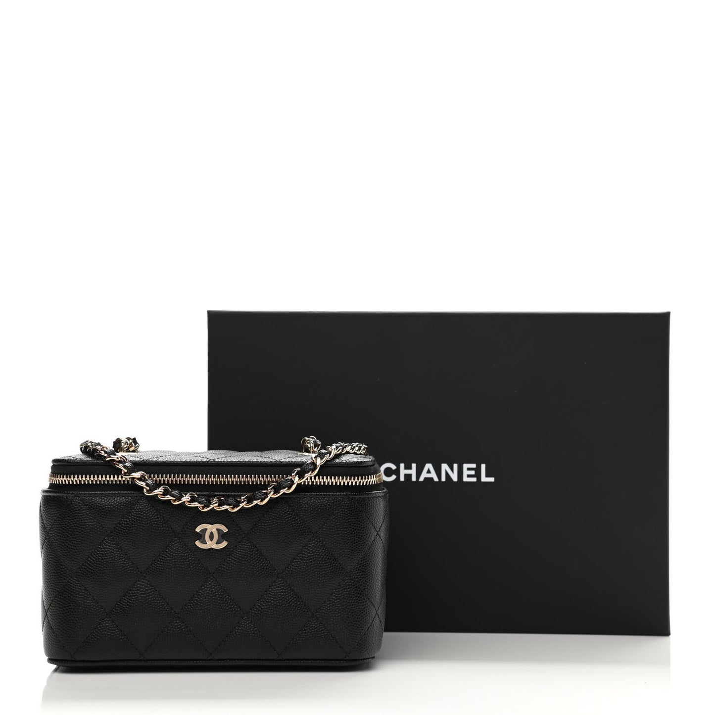 Caviar Quilted Small Vanity Case With Chain Black