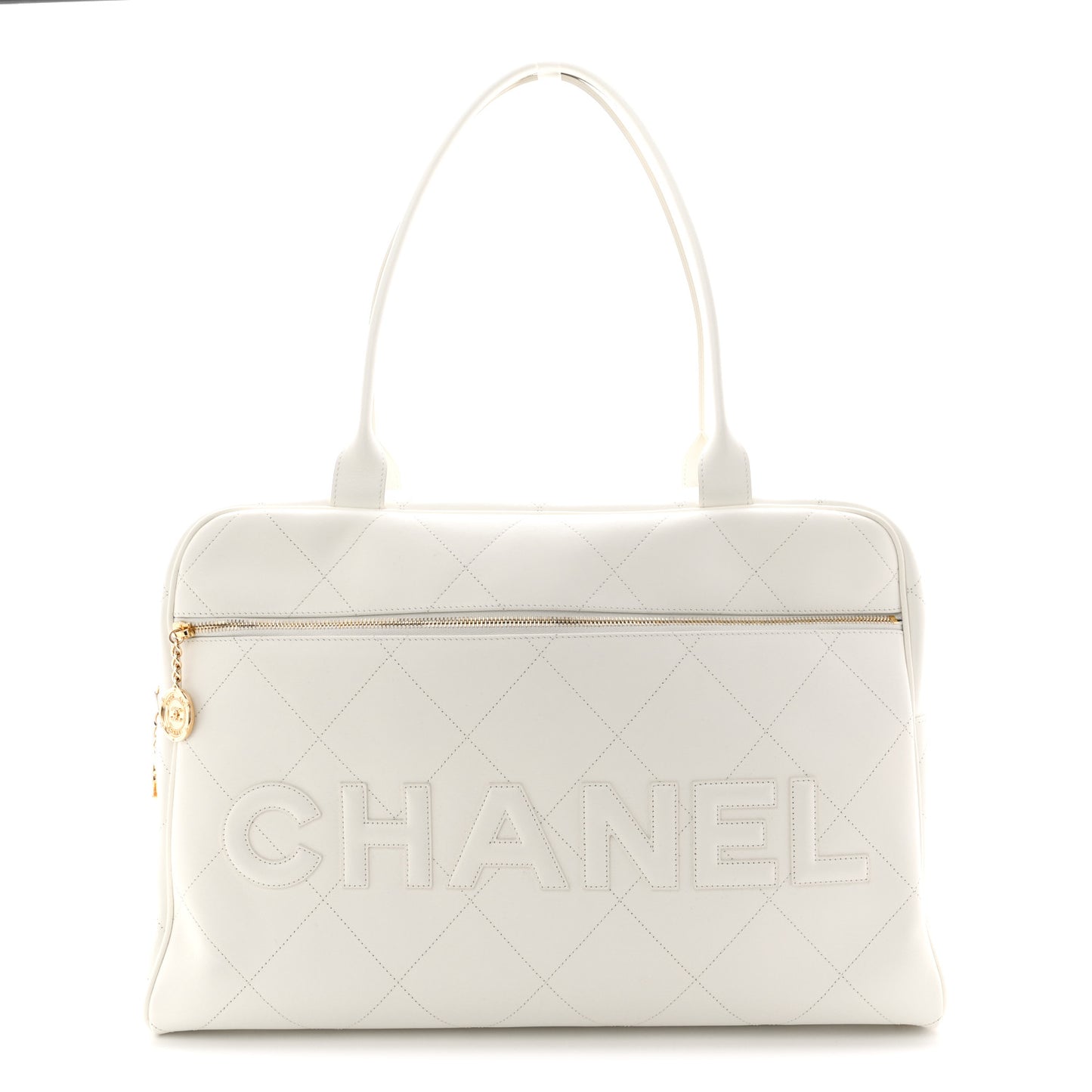Calfskin Stitched Maxi Logo Bowling Bag White