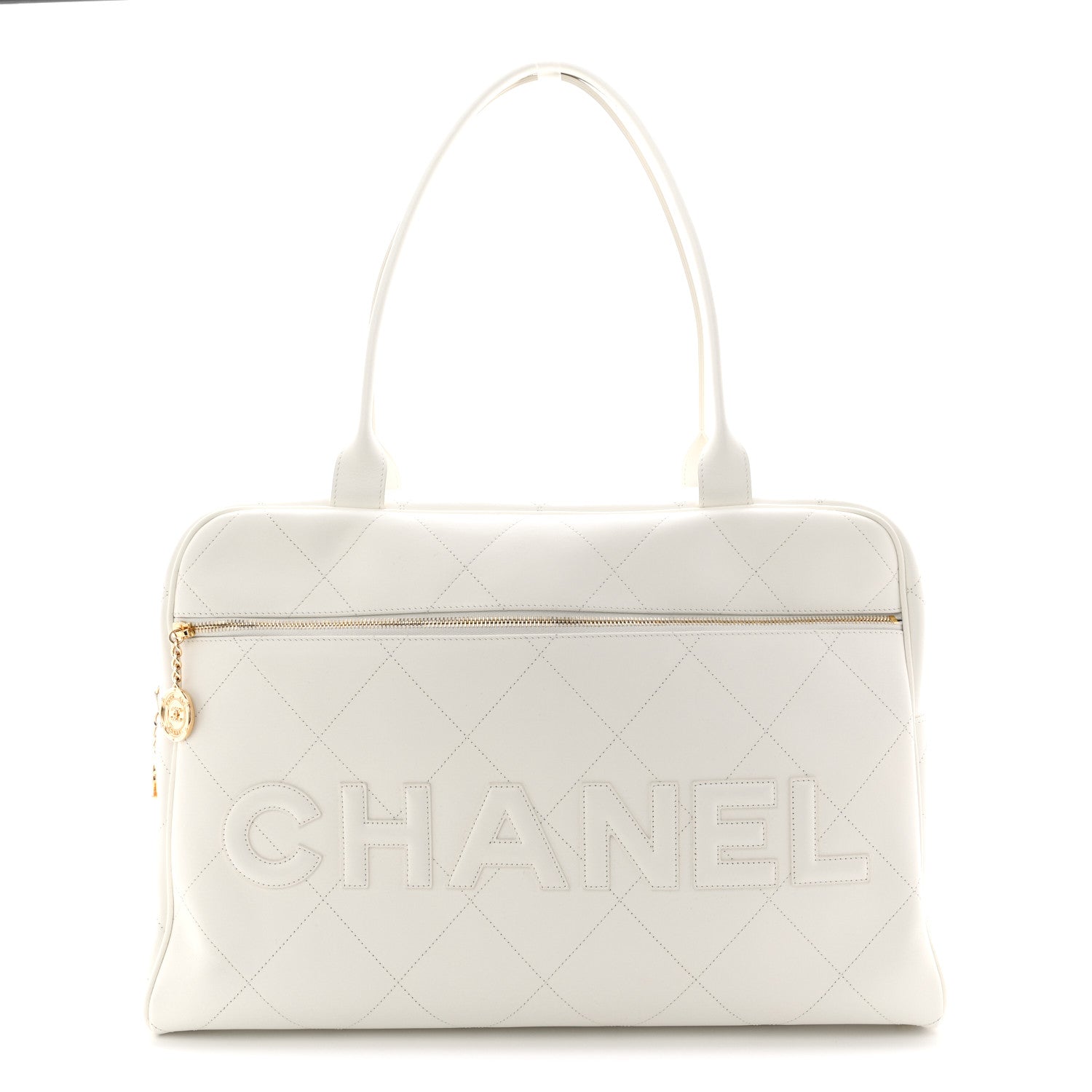 Chanel Calfskin Stitched Maxi Logo Bowling Bag White 1 of 21