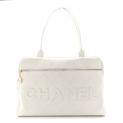 Chanel Calfskin Stitched Maxi Logo Bowling Bag White 1 of 21