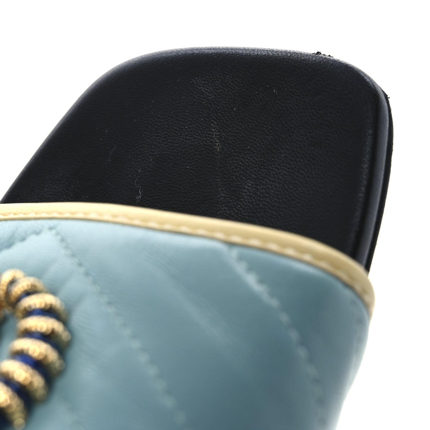 Malaga Kid Matelasse Enamel GG Marmont Flat Slide Sandals 38 Dusty Azure Burro