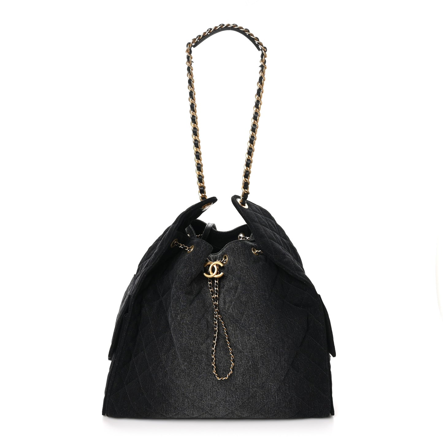 Washed Denim Quilted Large Chanel 25 Handbag Black