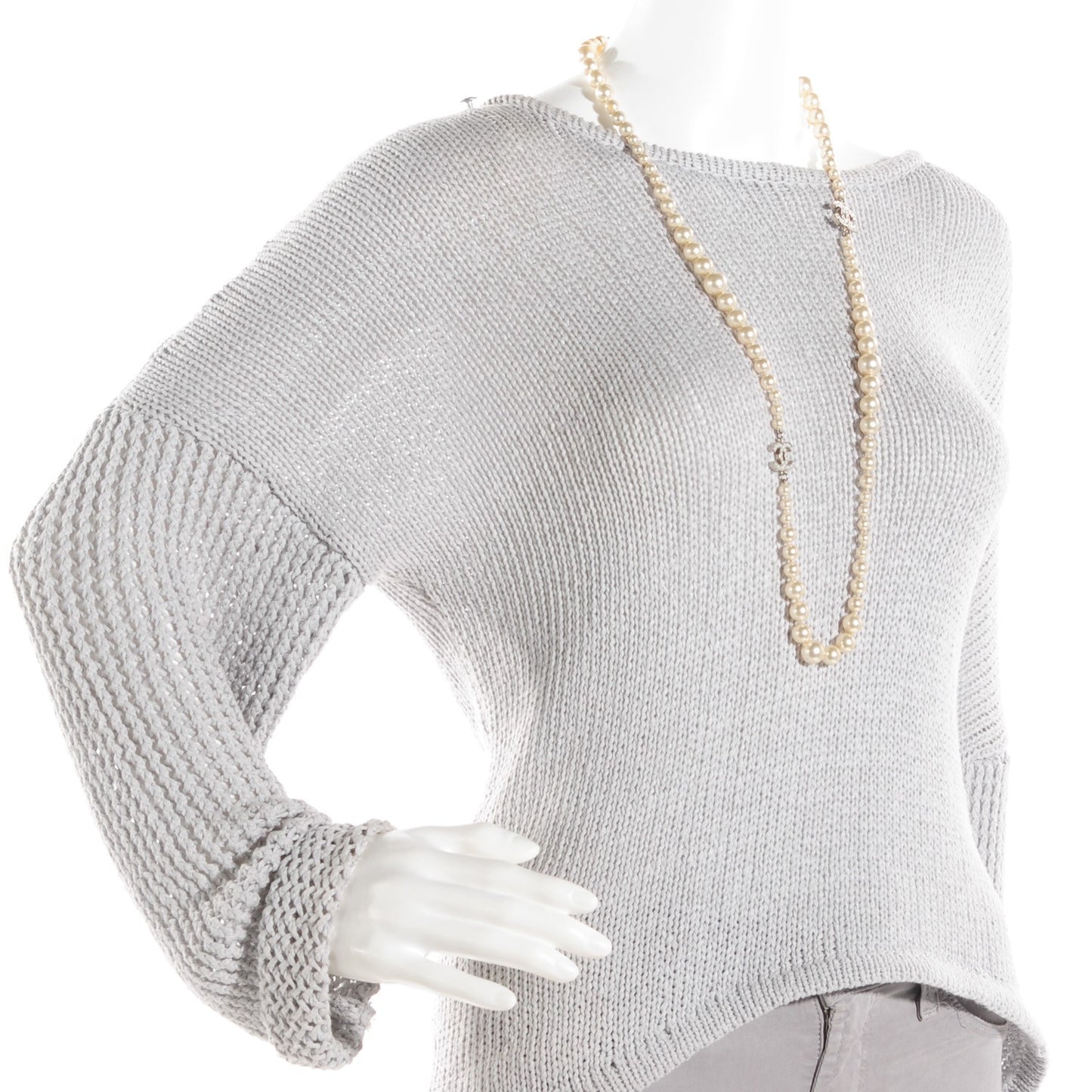 Graduated Pearl CC Long Necklace Silver