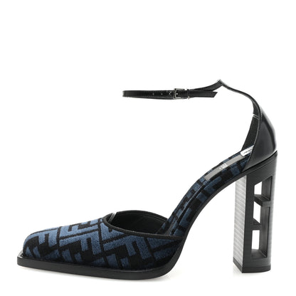 Fendi Chenille Jacquard FF Cut Baguette Ankle Strap 105mm Pumps 39.5 Black Blue 1 of 9