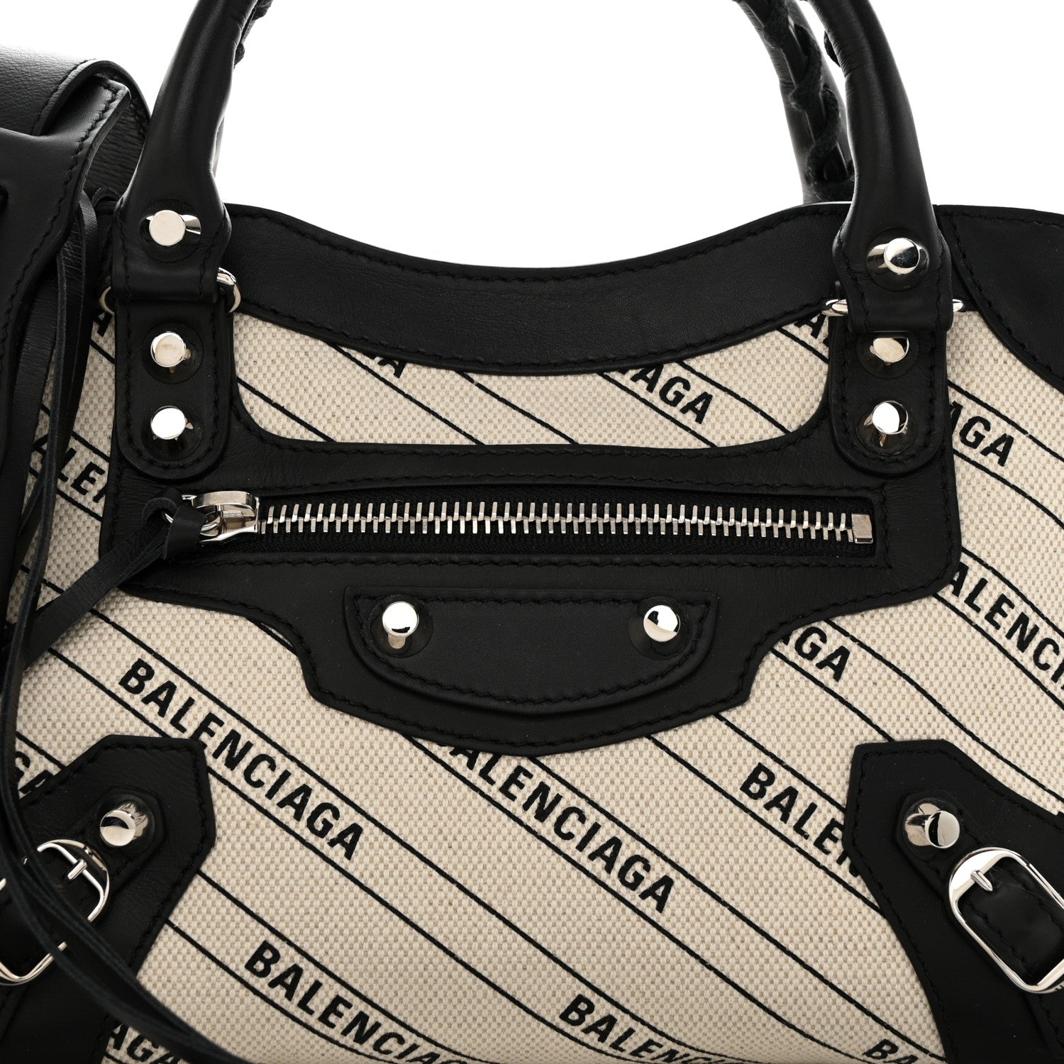 Balenciaga Canvas Satin Calfskin Diagonal Allover Logo Print Classic Silver Hardware Mini City Natural Black 10 of 12