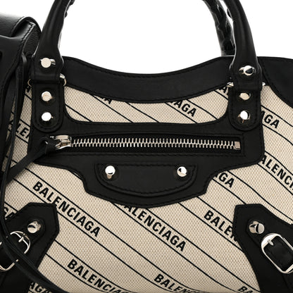 Balenciaga Canvas Satin Calfskin Diagonal Allover Logo Print Classic Silver Hardware Mini City Natural Black 10 of 12