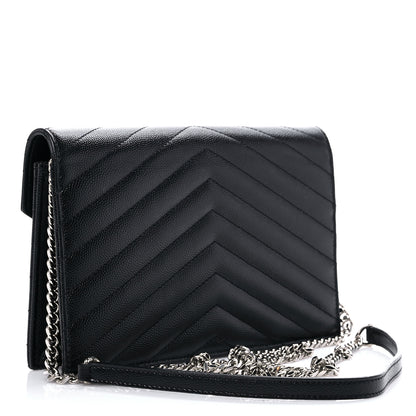 Saint Laurent Grain De Poudre Matelasse Chevron Monogram Envelope Chain Wallet Black 2 of 8
