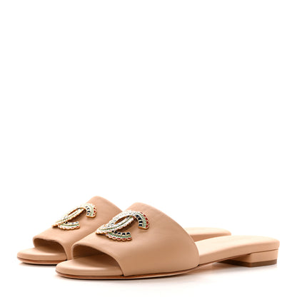Chanel Lambskin Enamel CC Mules Sandals 39 Beige 3 of 11