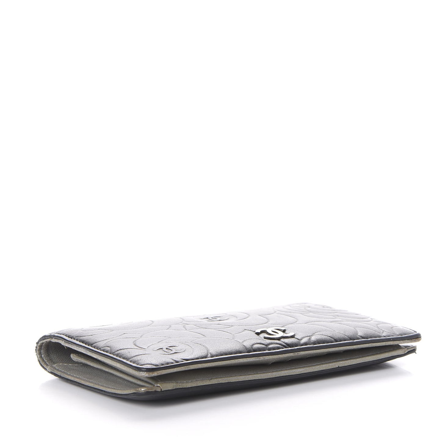 Lambskin Camellia Embossed Yen Wallet Black