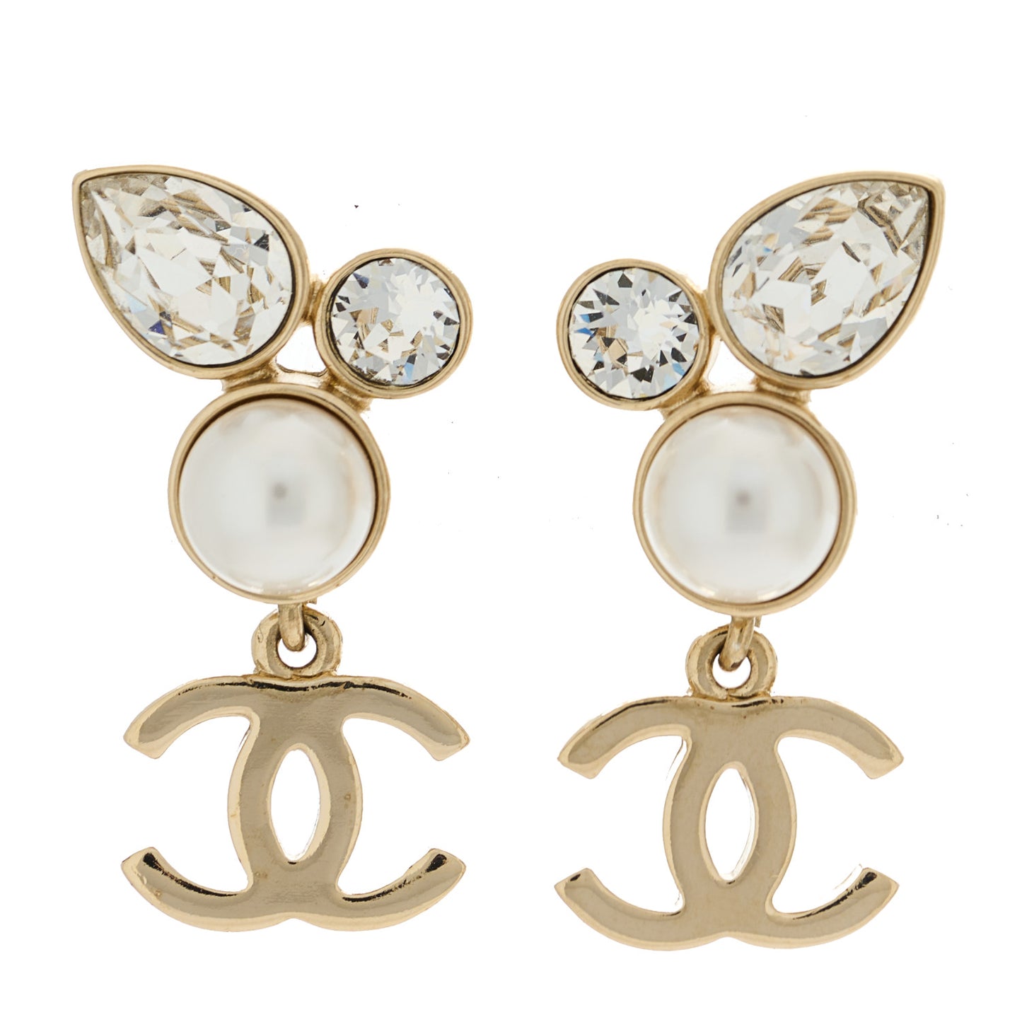 Pearl Crystal CC Drop Earrings Gold