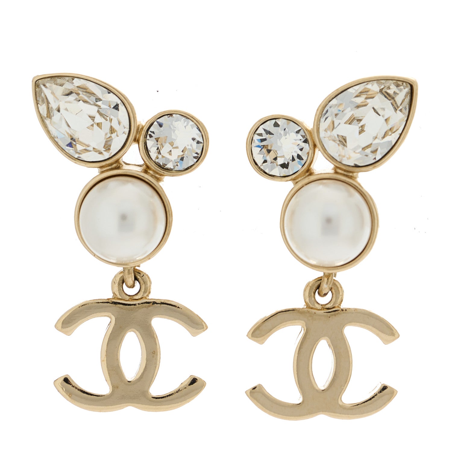 Chanel Pearl Crystal CC Drop Earrings Gold 1 of 4