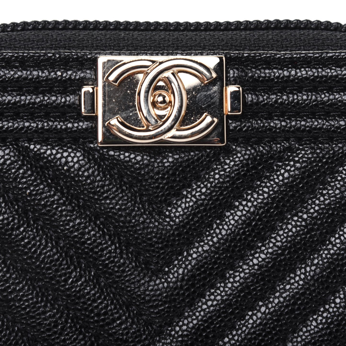 Caviar Chevron Quilted Boy Zip Around Coin Purse Wallet Black