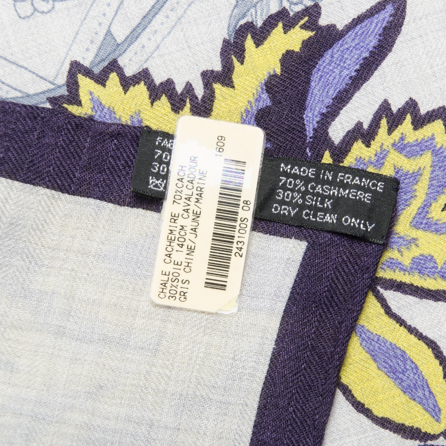 Hermes Cashmere Silk Cavalcadour Shawl 140 Gris Chine Jaune Marine 6 of 7