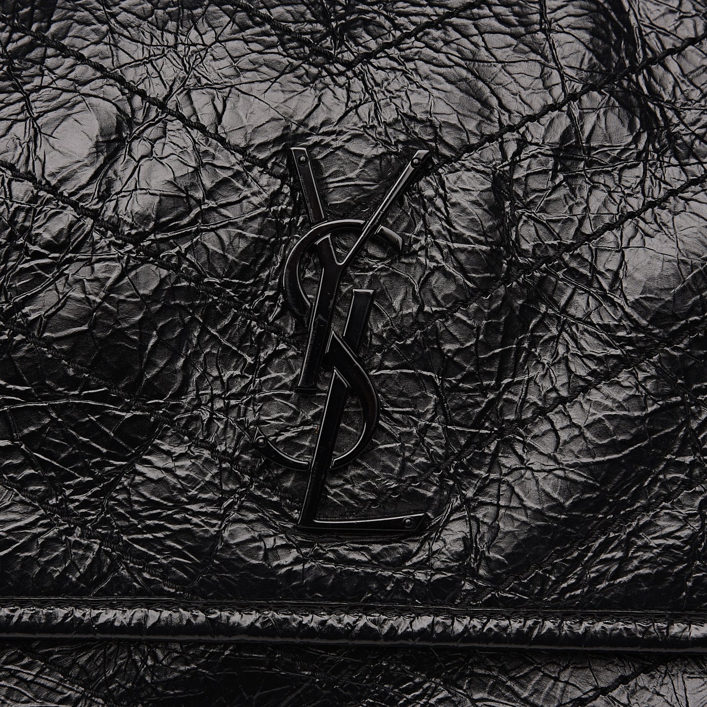 Crinkled Calfskin Matelasse Monogram Medium Niki Chain Satchel Black