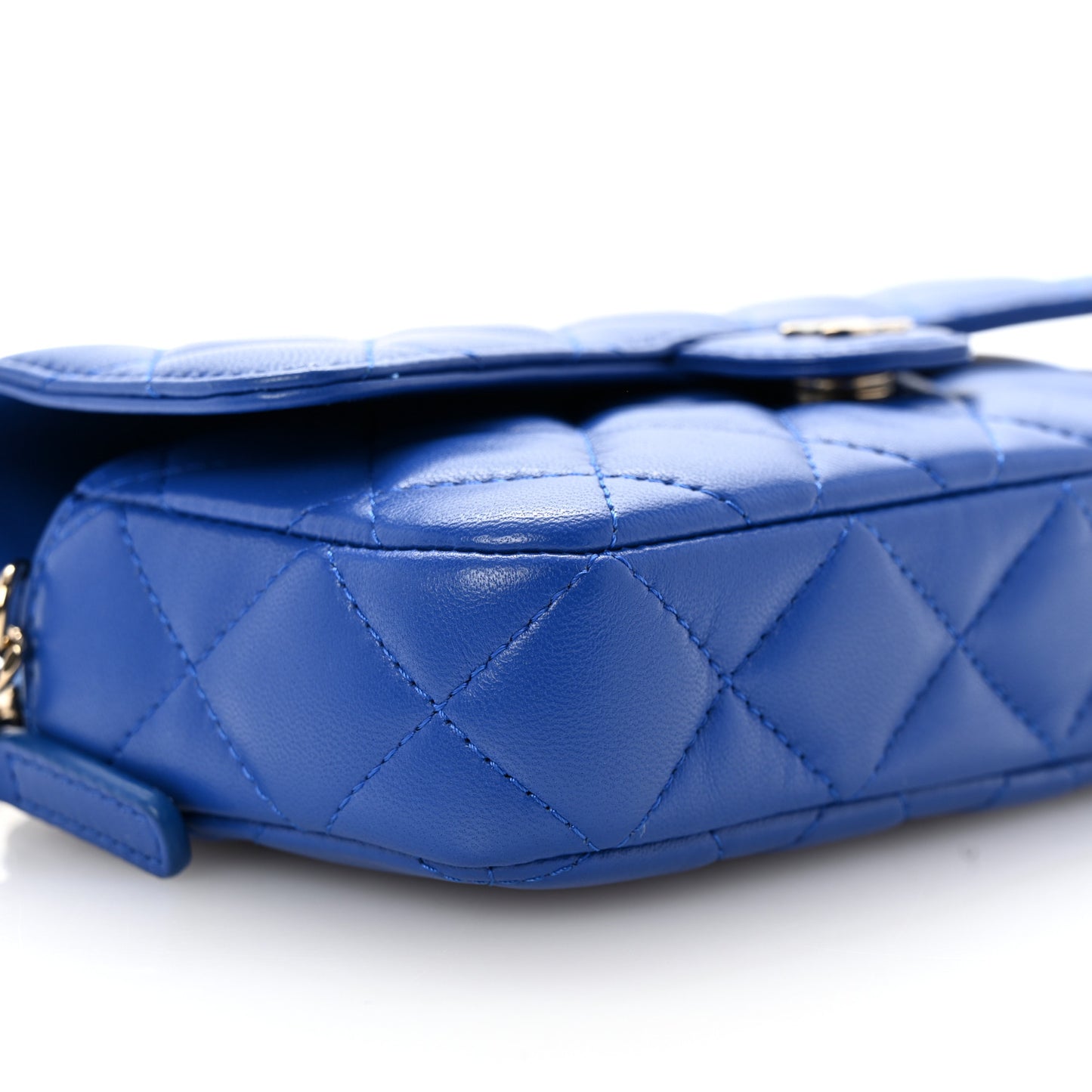 Lambskin Quilted Flap Phone Holder With Chain Blue