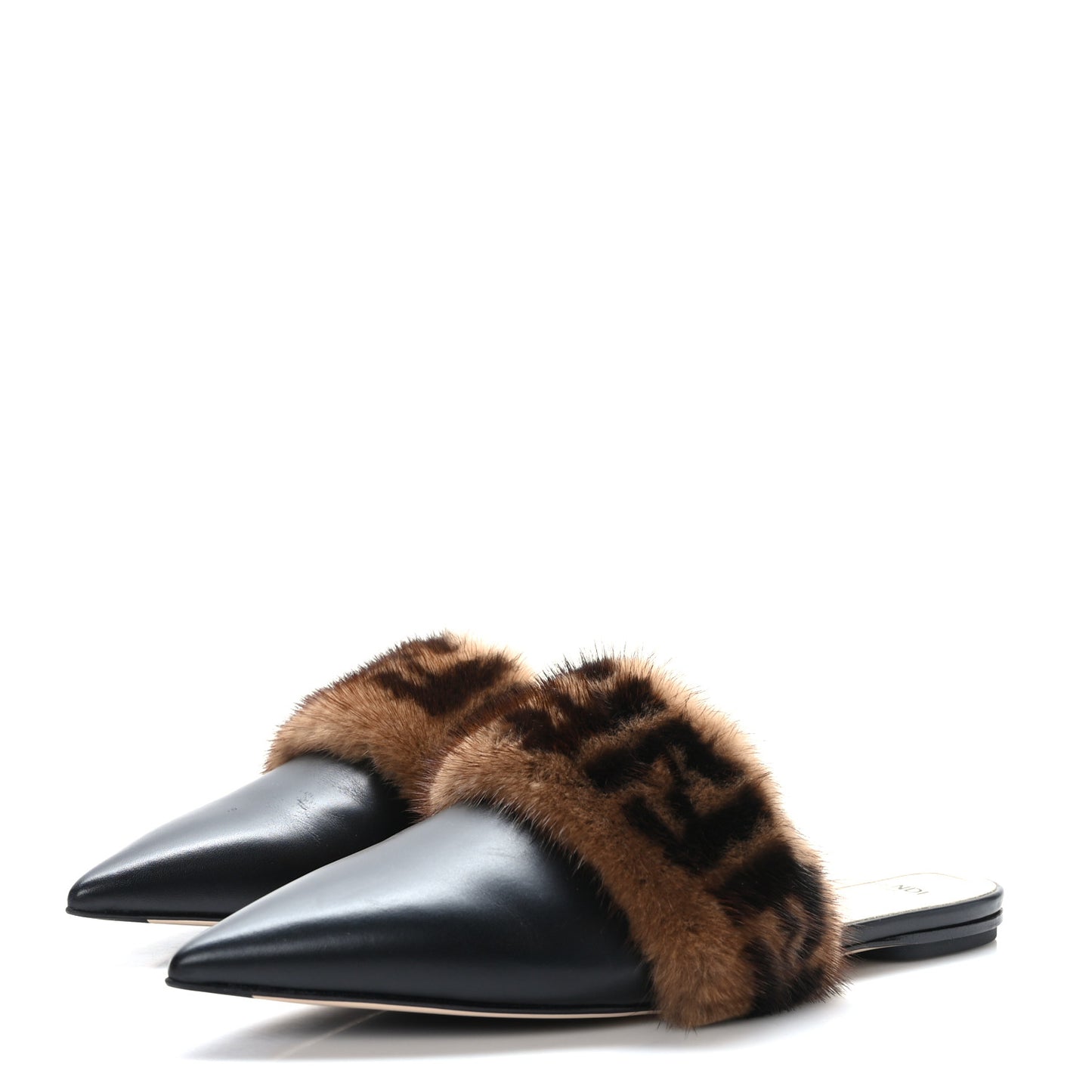 Calfskin Mink Fur FF Flat Mules 38 Black