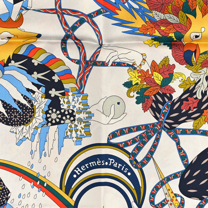 Hermes Silk Twill La Sacre Des Saisons Scarf 90 Craie Jaune Soleil 2 of 5