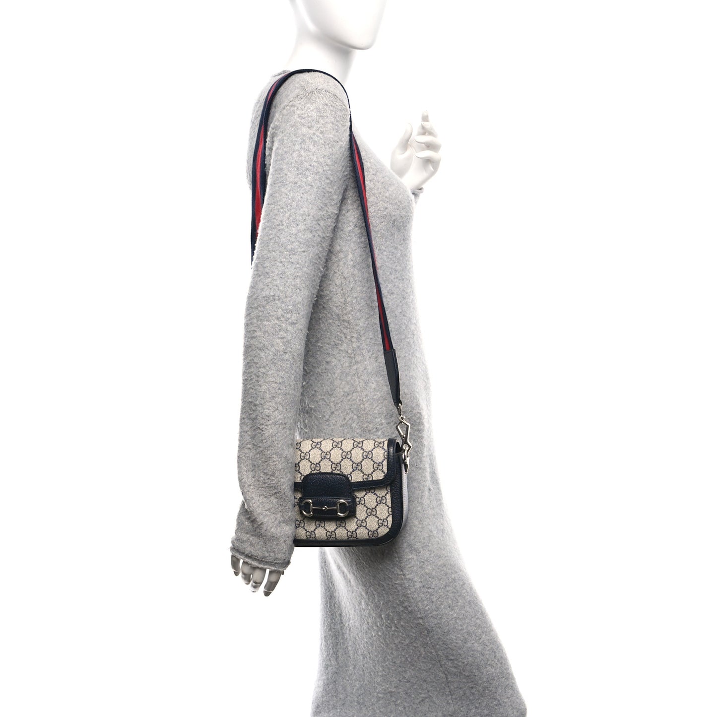 GG Supreme Monogram Textured Dollar Calfskin Web Mini Horsebit 1955 Shoulder Bag Beige Blue