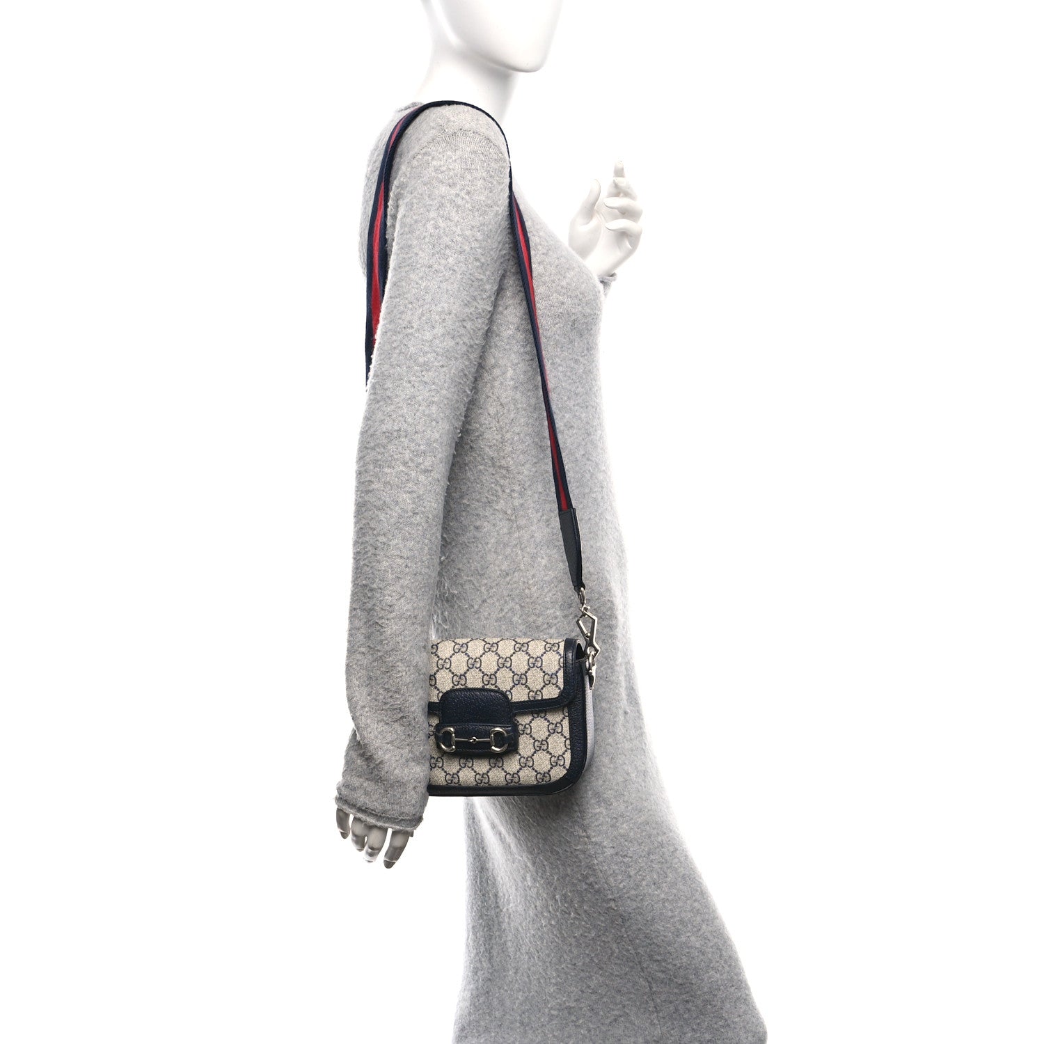 Gucci GG Supreme Monogram Textured Dollar Calfskin Web Mini Horsebit 1955 Shoulder Bag Beige Blue 2 of 10