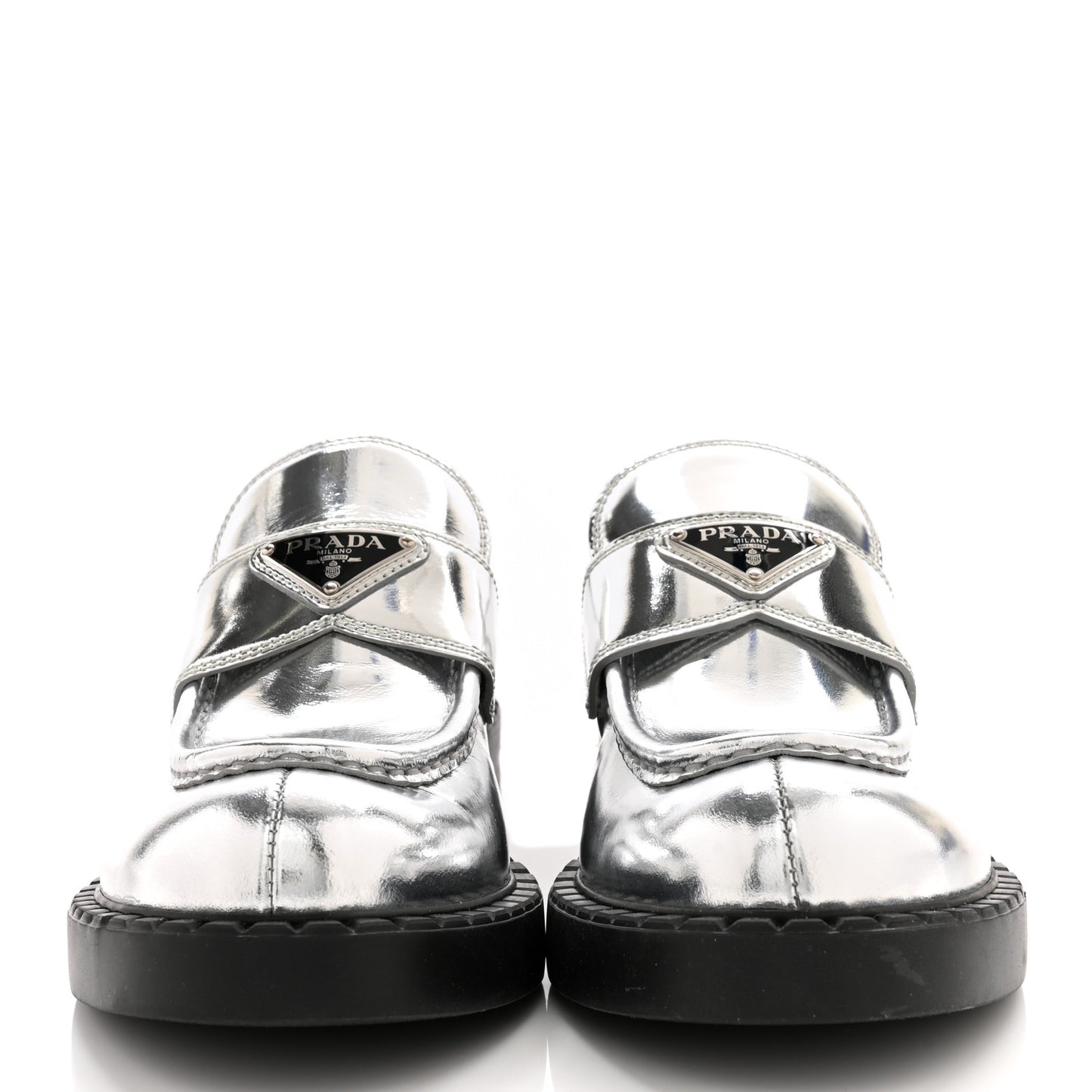 Metallic Brushed Calfskin Metal Triangle Logo 50mm Loafers 39 Argento