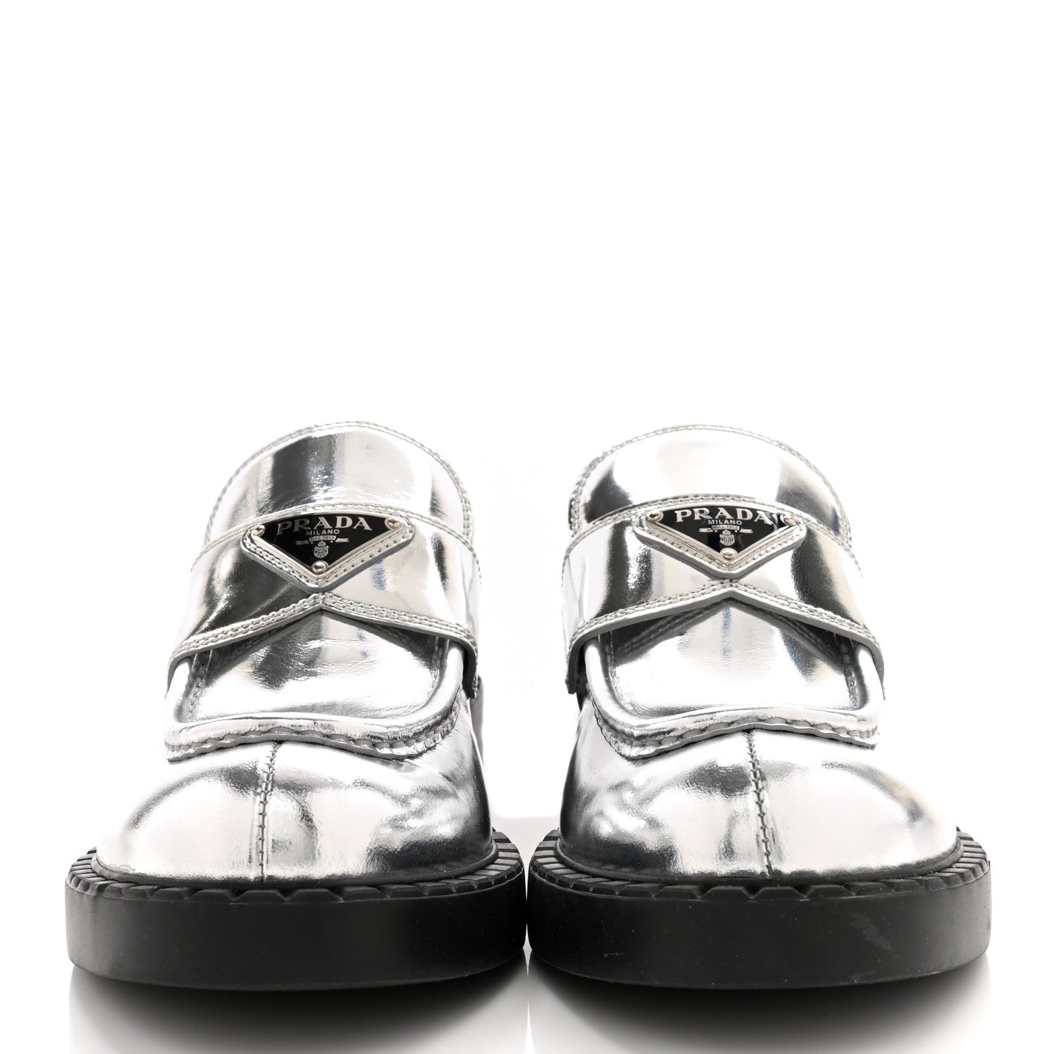 Prada Metallic Brushed Calfskin Metal Triangle Logo 50mm Loafers 39 Argento 2 of 11