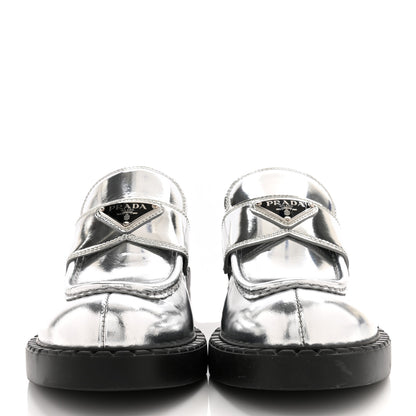 Prada Metallic Brushed Calfskin Metal Triangle Logo 50mm Loafers 39 Argento 2 of 11