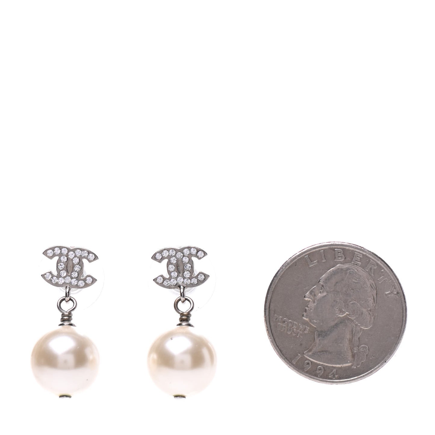 Crystal Pearl CC Drop Earrings Silver Pearly White