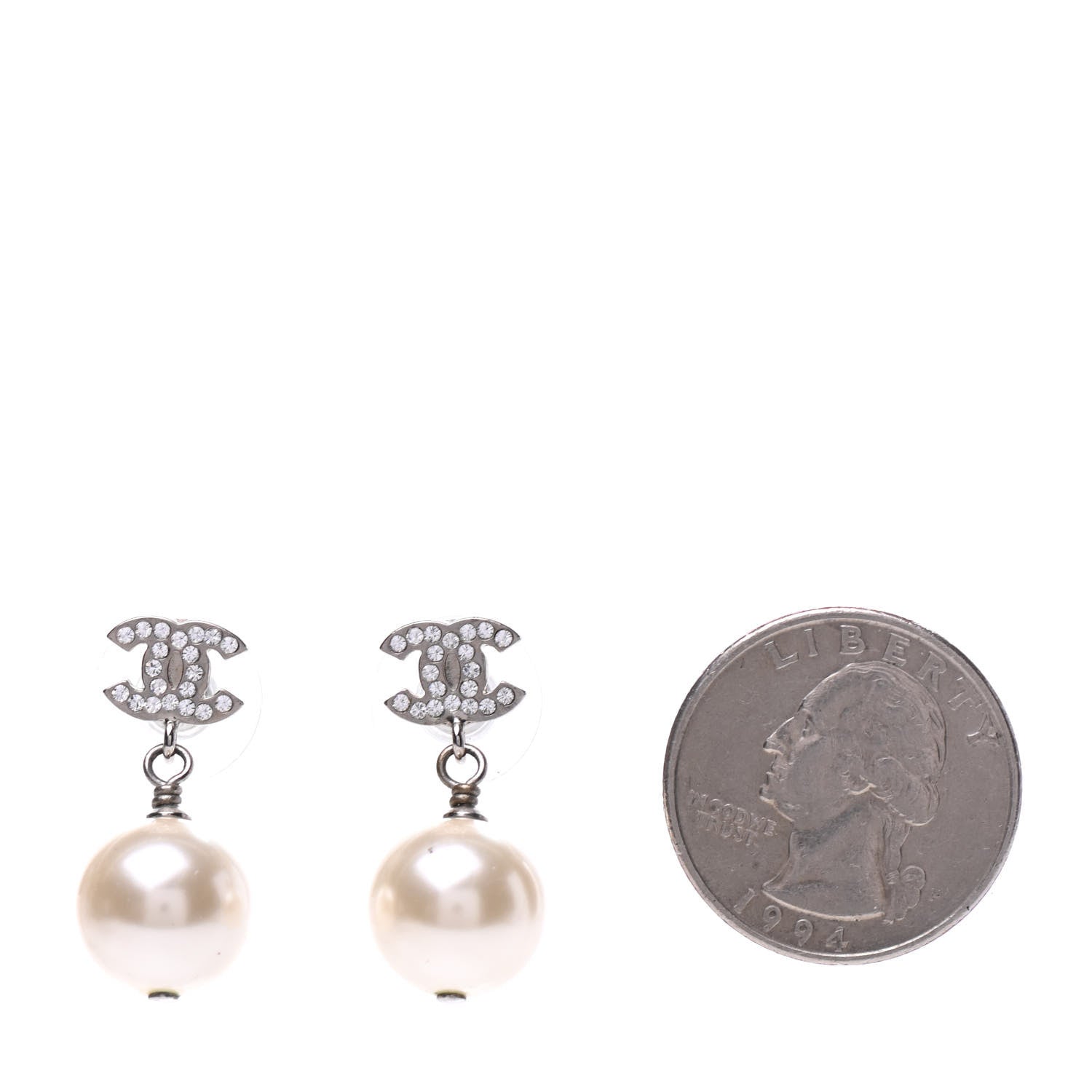 Chanel Crystal Pearl CC Drop Earrings Silver Pearly White 2 of 4