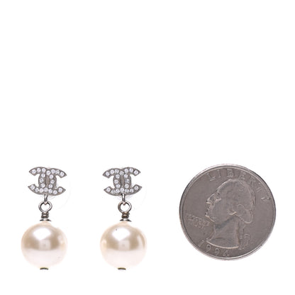 Chanel Crystal Pearl CC Drop Earrings Silver Pearly White 2 of 4