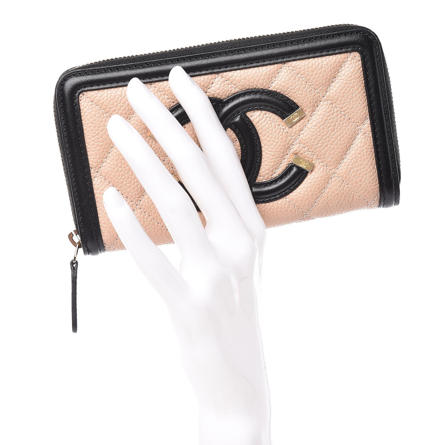 Chanel Caviar Quilted Small Filigree Zip Around Wallet Beige Black 2 of 9