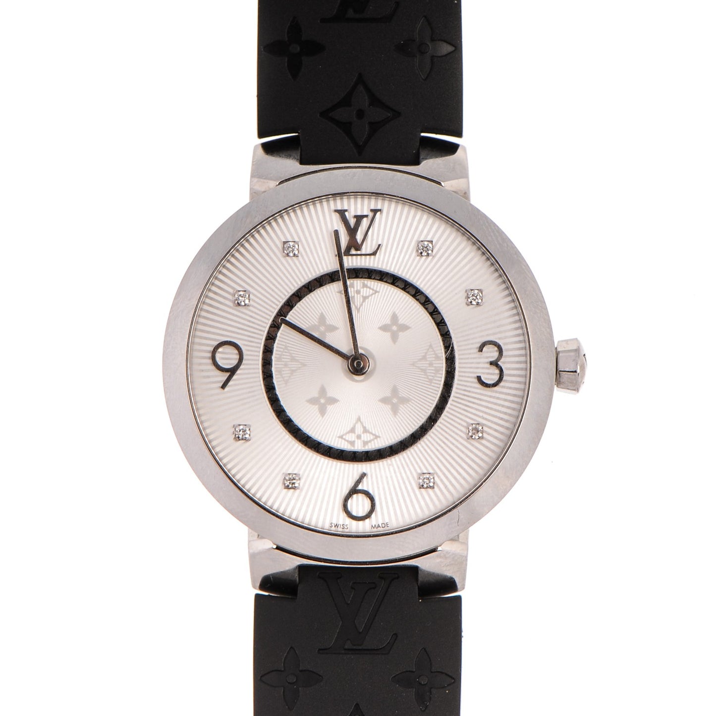 Stainless Steel Rubber Diamond 33mm Tambour Slim Quartz Watch