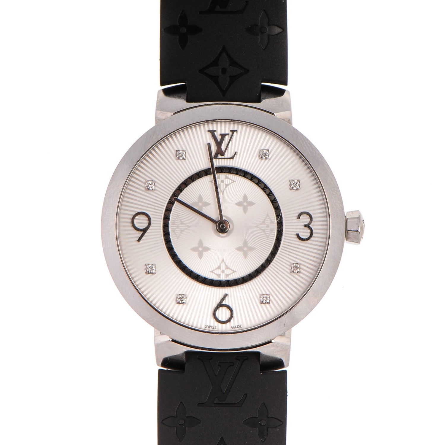 Louis Vuitton Stainless Steel Rubber Diamond 33mm Tambour Slim Quartz Watch 1 of 9