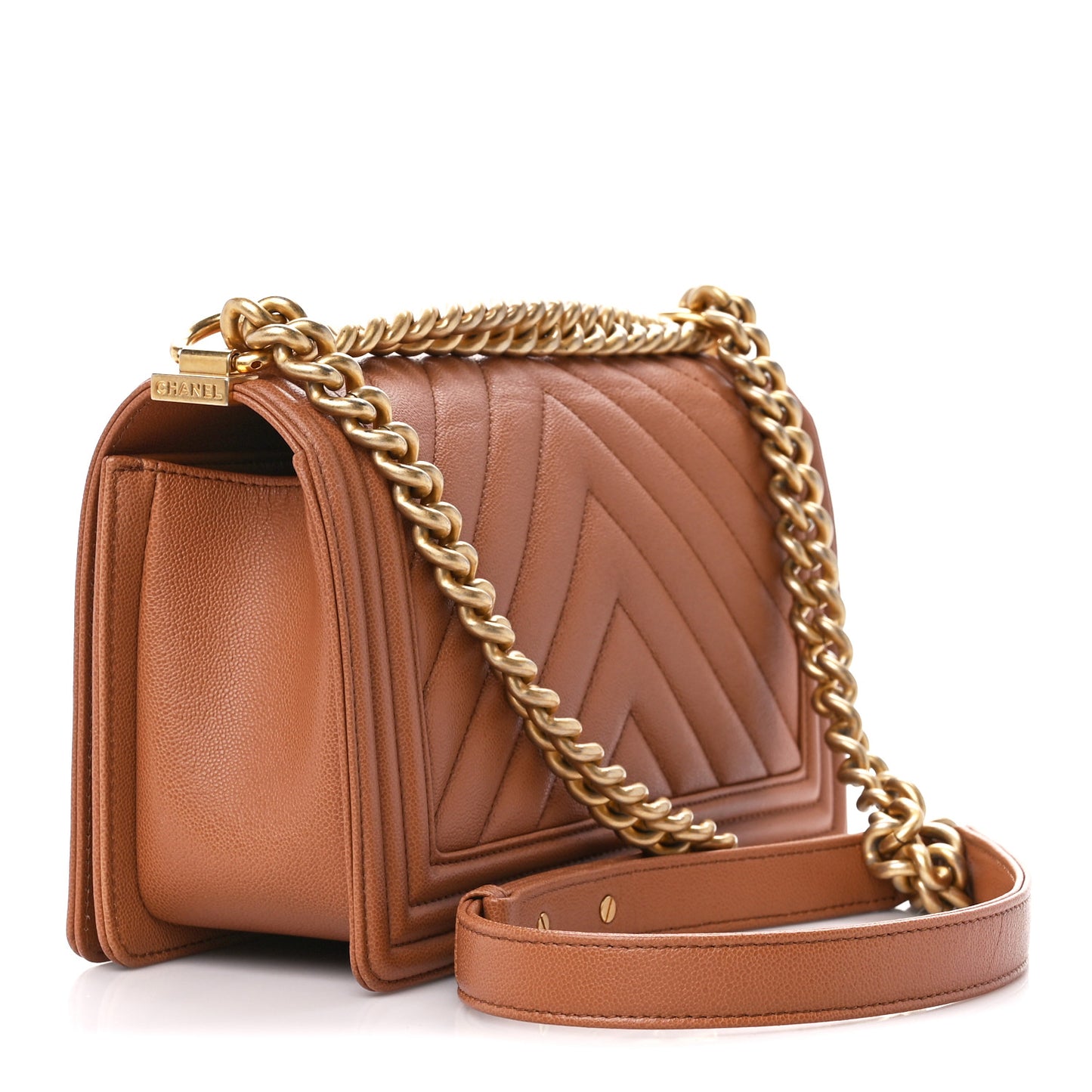 Caviar Chevron Quilted Medium Boy Flap Brown