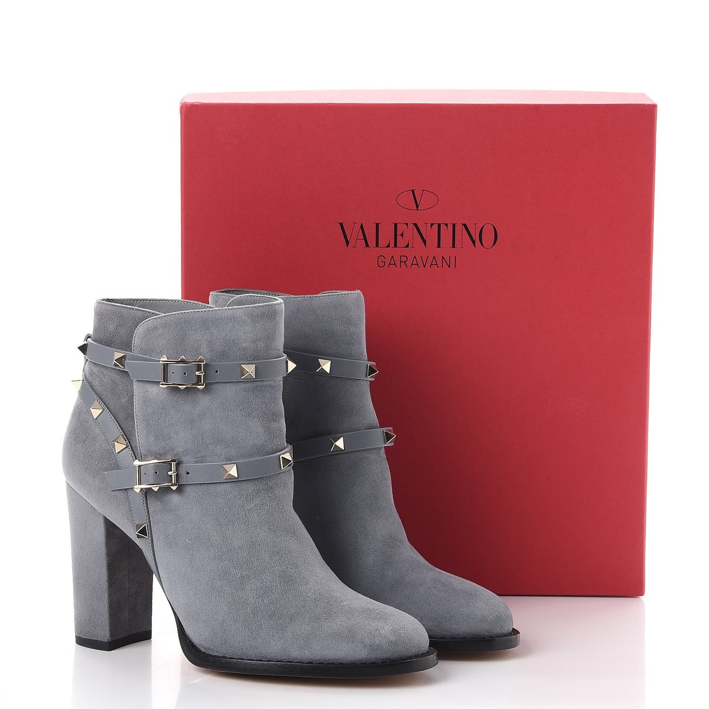 Suede Rockstud Double Buckle 100mm Block Heel Ankle Boots 38.5 Light Stone