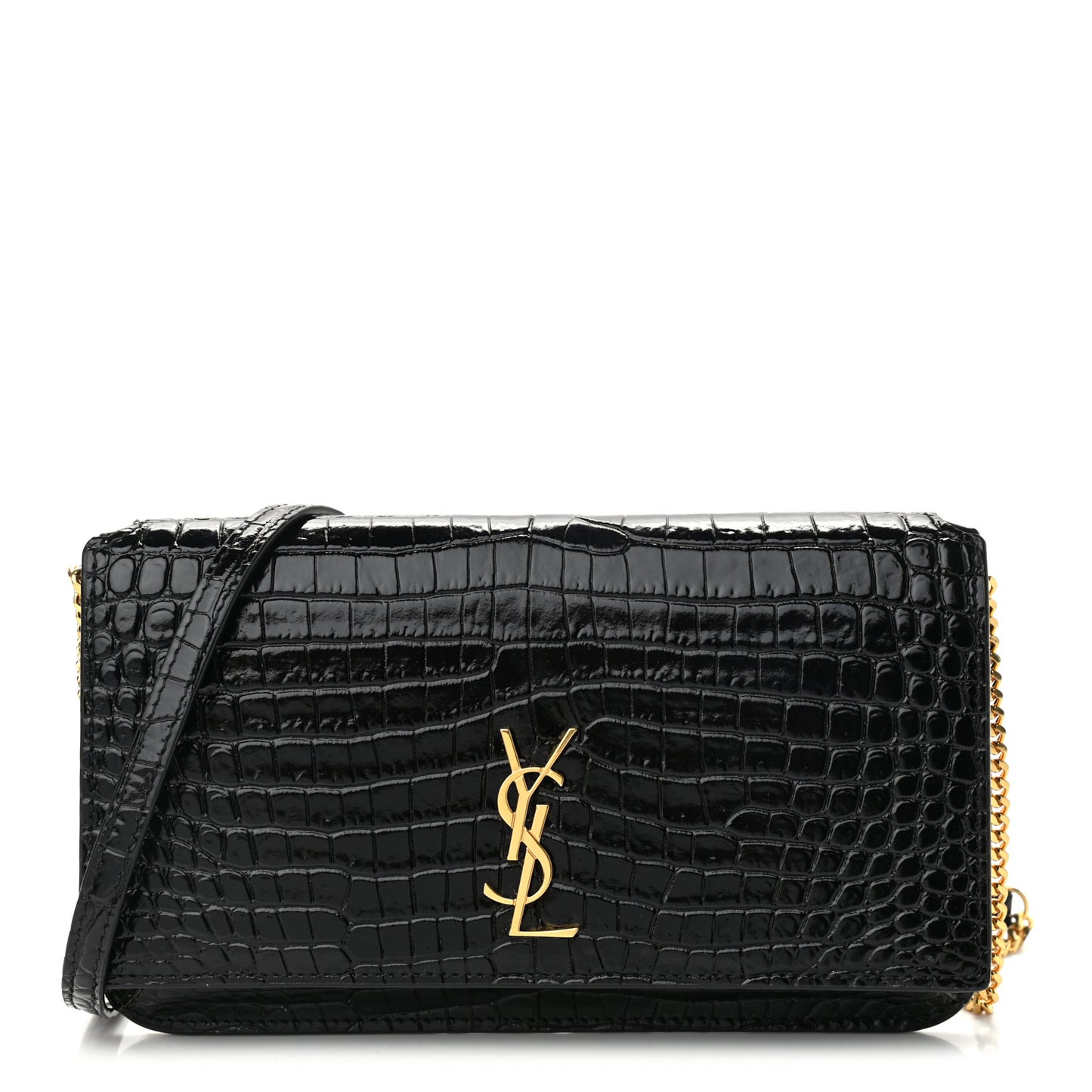 Crocodile Embossed Monogram Phone Holder Crossbody Black